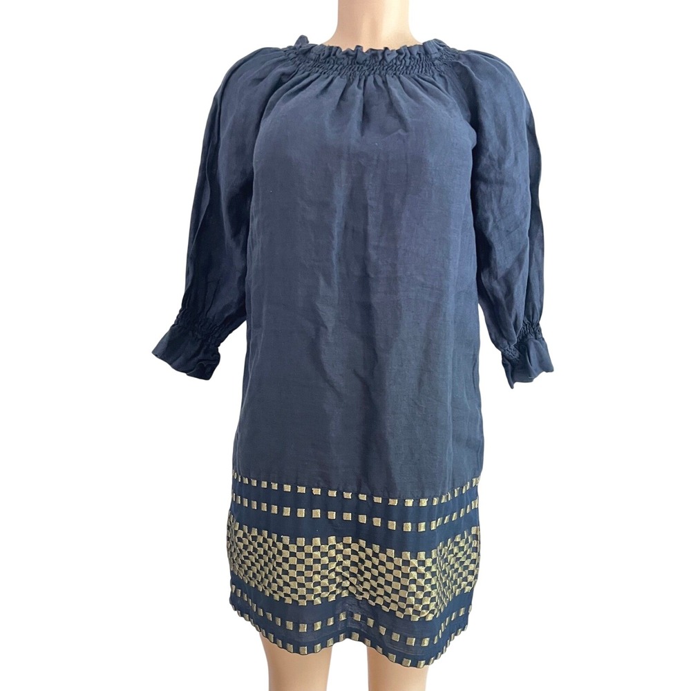 Haris Cotton Mini Dress Womens XS Linen Off Shoulder Blue Made in Greece